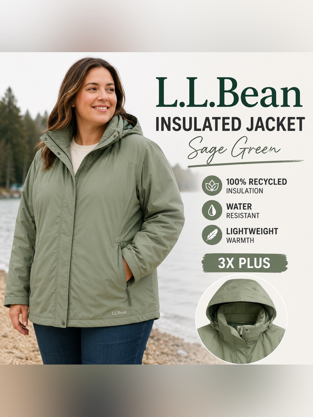 L.L.Bean PrimaLoft Hooded Insulated Jacket Sage Green 3X Plus Waterproof Coat